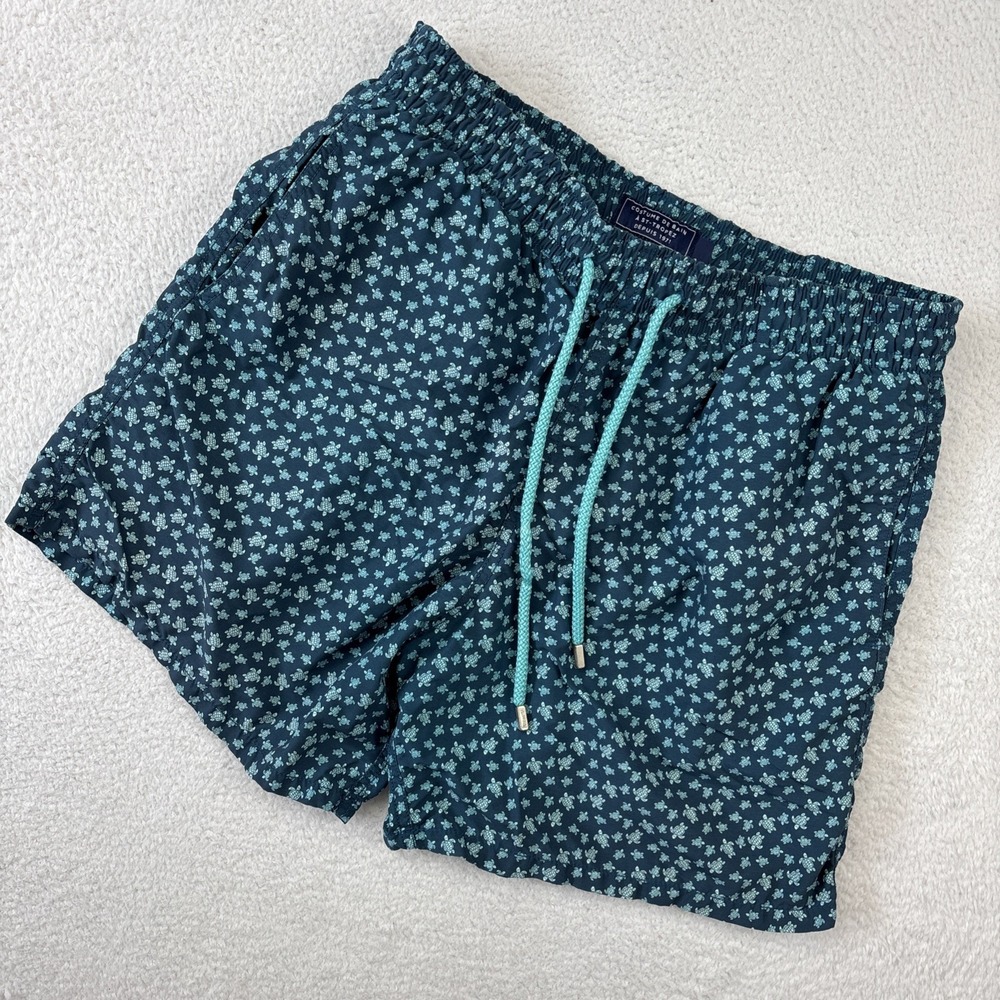 VILEBREQUIN Mens Luxury Swim Trunks XL Turtle Print 5.5" Blue Green Mesh Lined